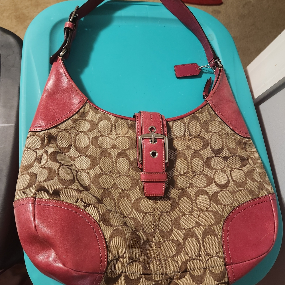 Coach Red and Tan Signature Shoulder Bag